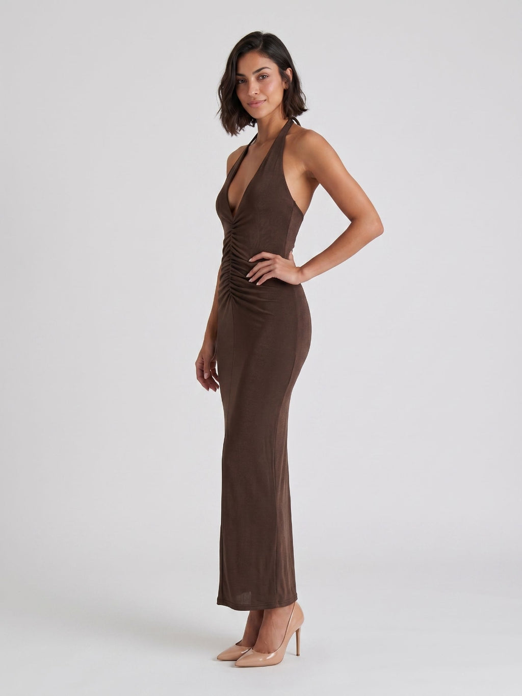 Espresso Matte Satin Sheath Halter Neckline Backless Floor-Length Evening Dress
