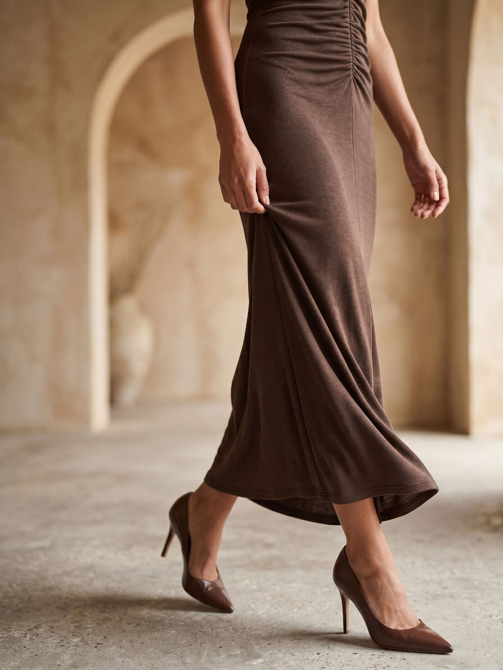 Espresso Matte Satin Sheath Halter Neckline Backless Floor-Length Evening Dress