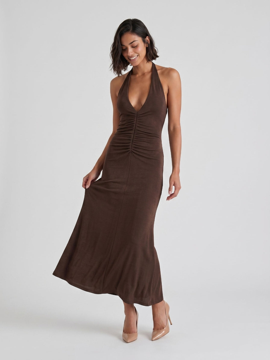 Espresso Matte Satin Sheath Halter Neckline Backless Floor-Length Evening Dress