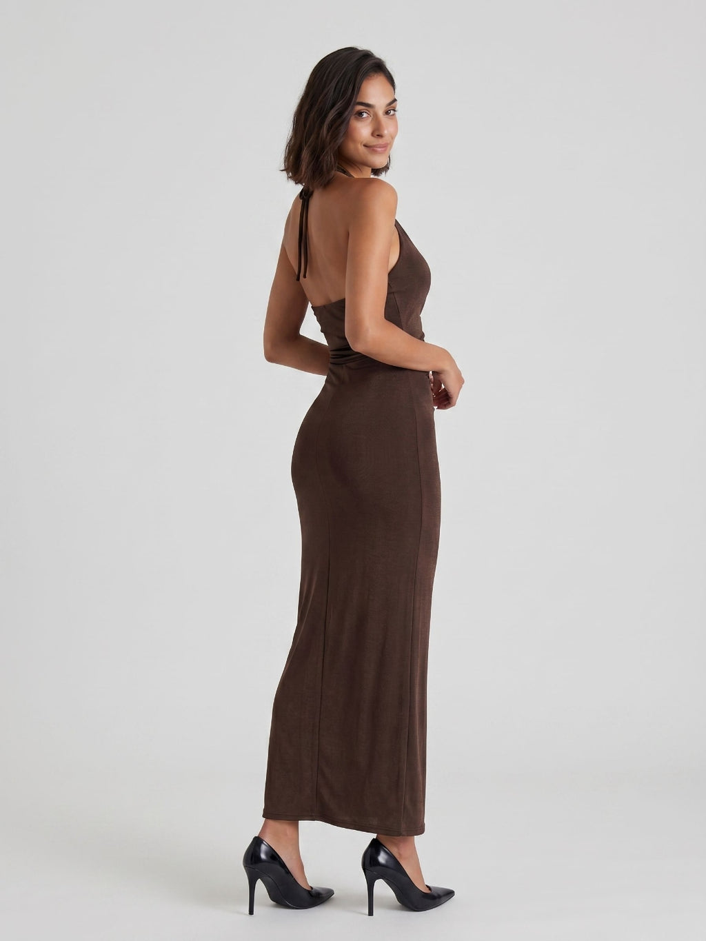 Espresso Matte Satin Sheath Halter Neckline Backless Floor-Length Evening Dress