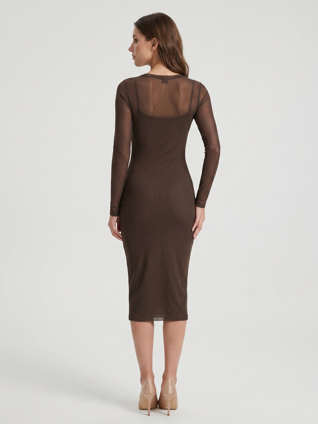 Espresso Mesh Sheath Scoop Neck Illusion Back Knee-Length Bridesmaid Dress