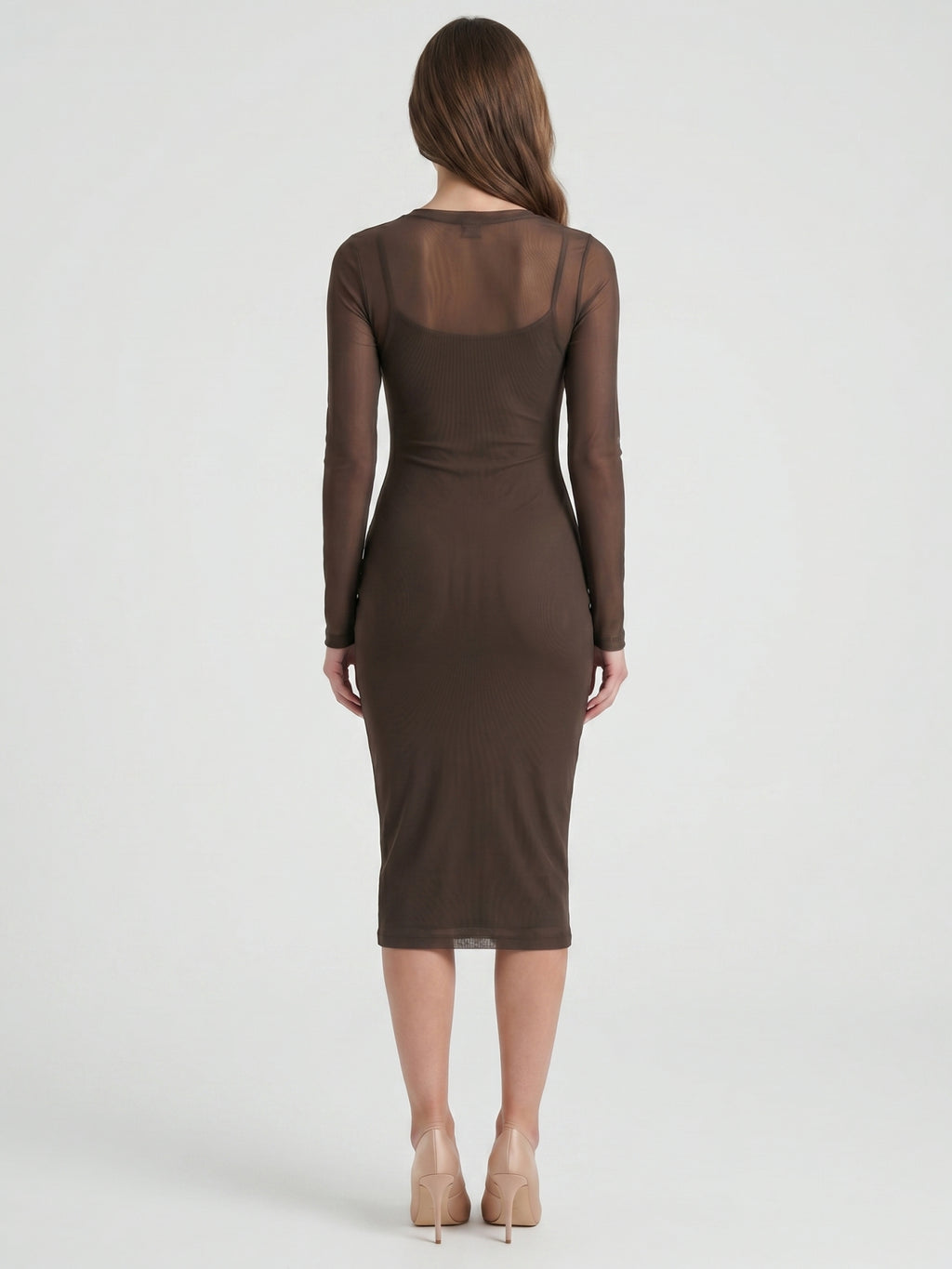 Espresso Mesh Sheath Scoop Neck Illusion Back Knee-Length Bridesmaid Dress