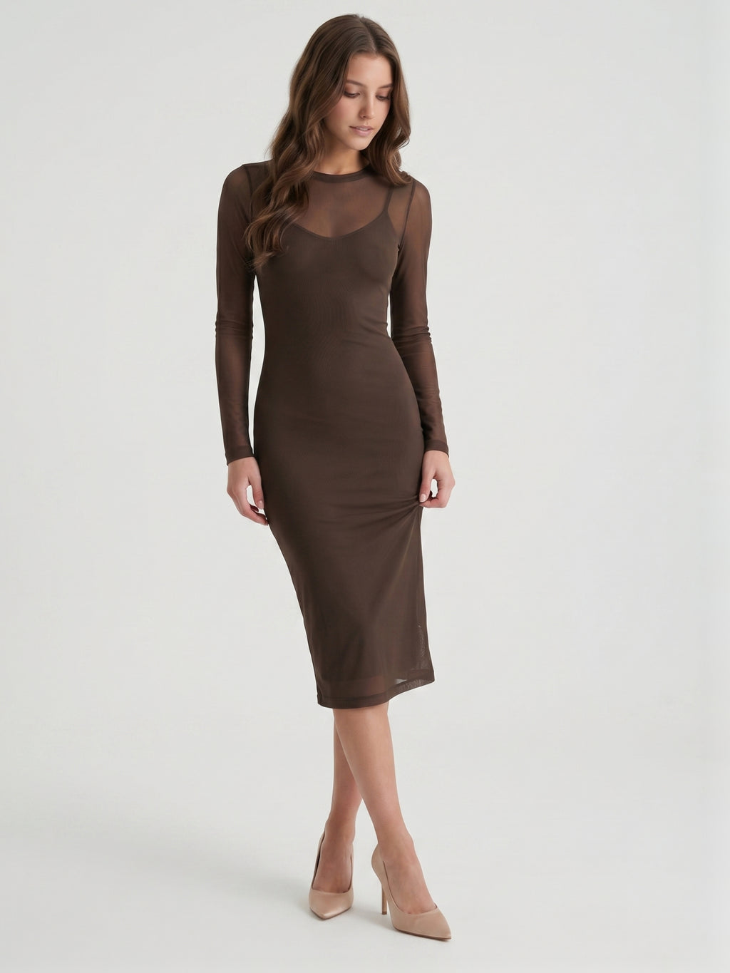 Espresso Mesh Sheath Scoop Neck Illusion Back Knee-Length Bridesmaid Dress