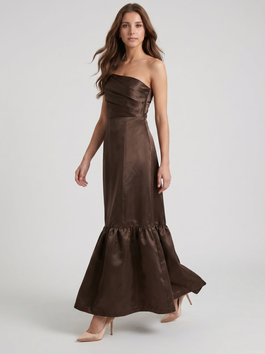Espresso Satin A-Line One Shoulder Side Zip Floor-Length Bridesmaid Dress