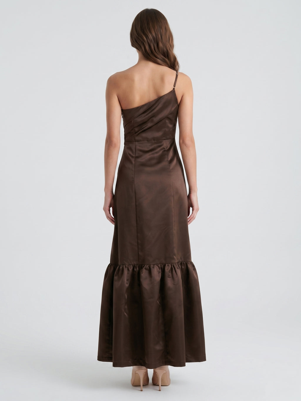 Espresso Satin A-Line One Shoulder Side Zip Floor-Length Bridesmaid Dress