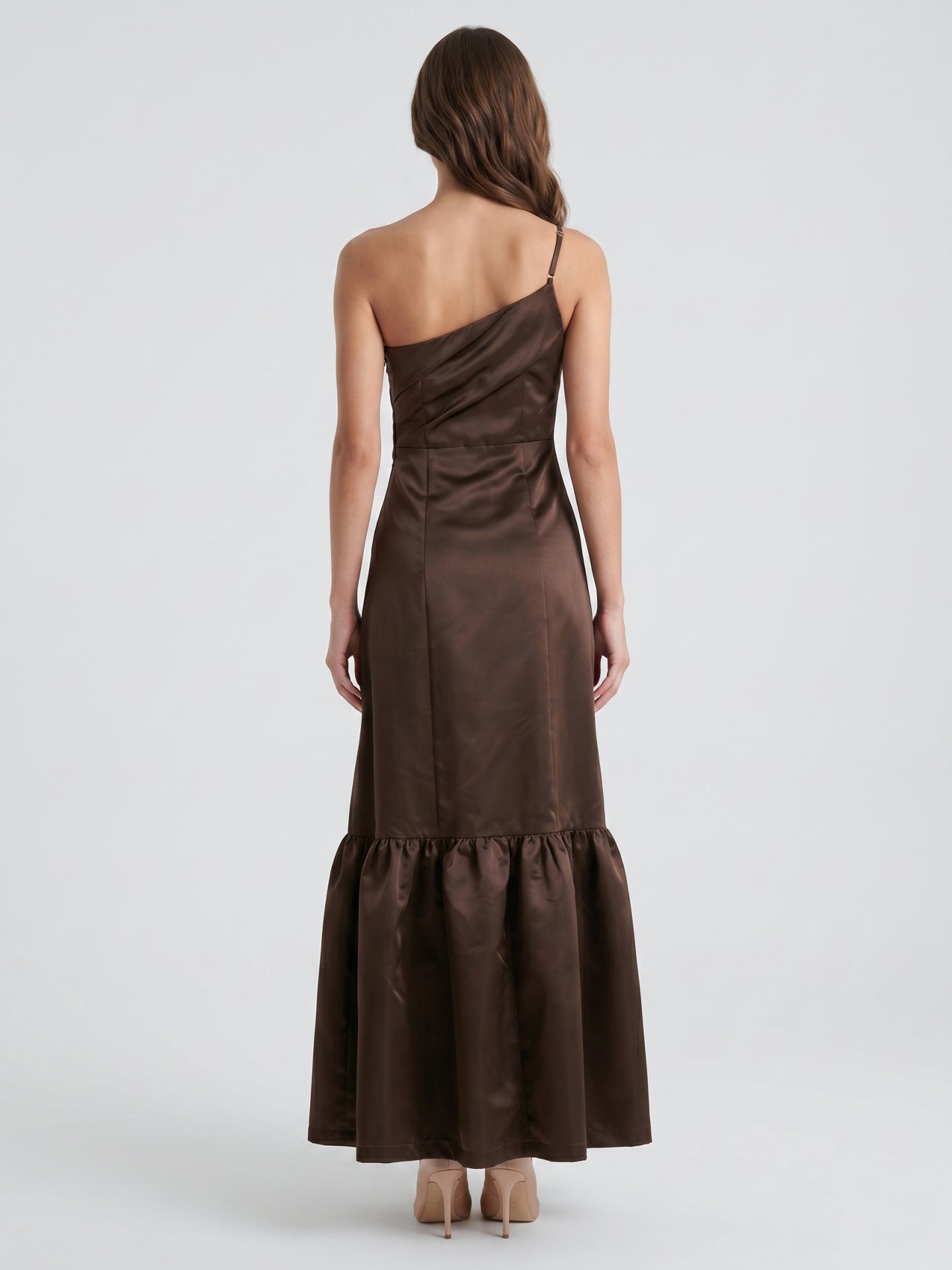 Espresso Satin A-Line One Shoulder Side Zip Floor-Length Bridesmaid Dress
