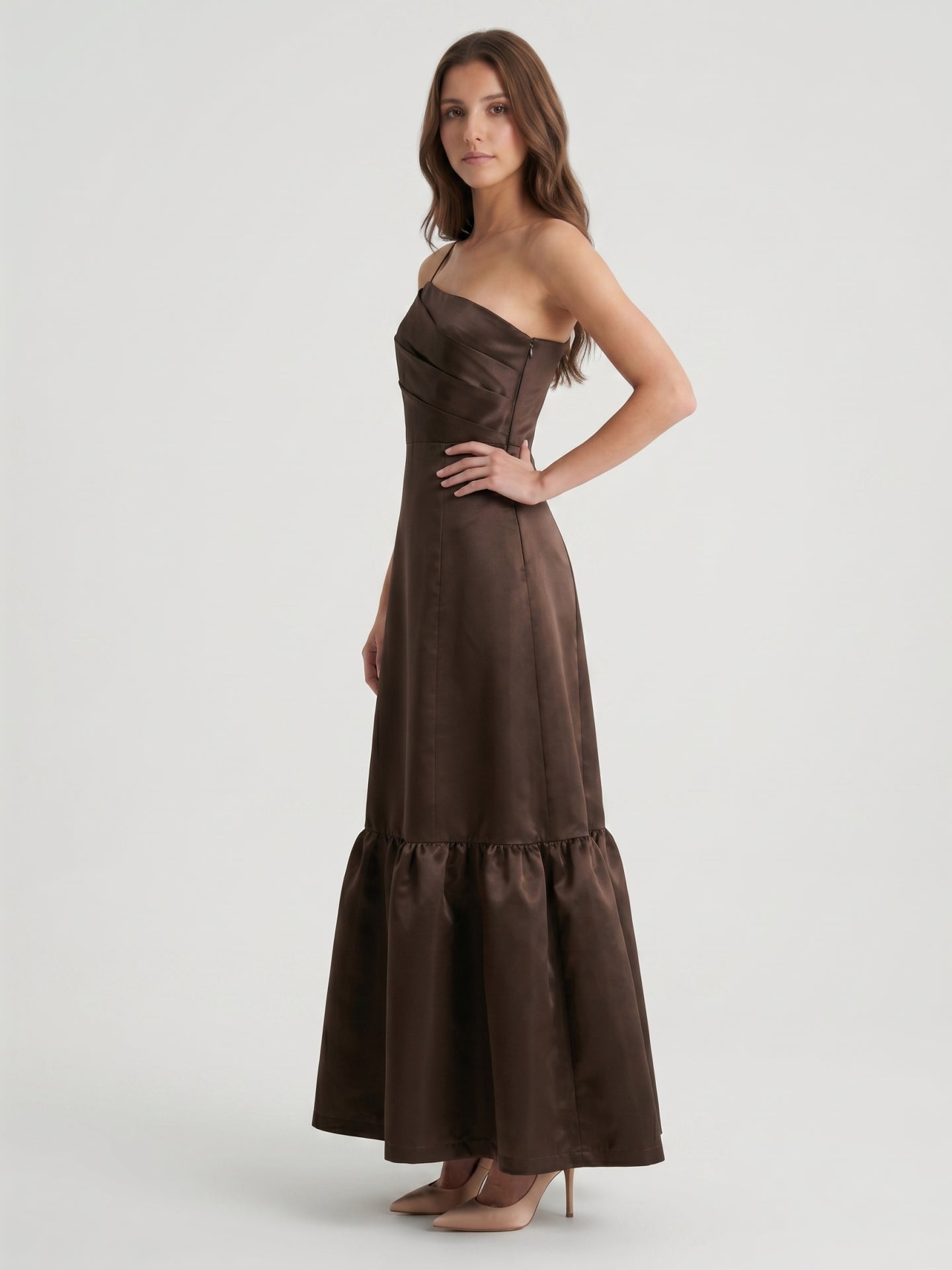Espresso Satin A-Line One Shoulder Side Zip Floor-Length Bridesmaid Dress