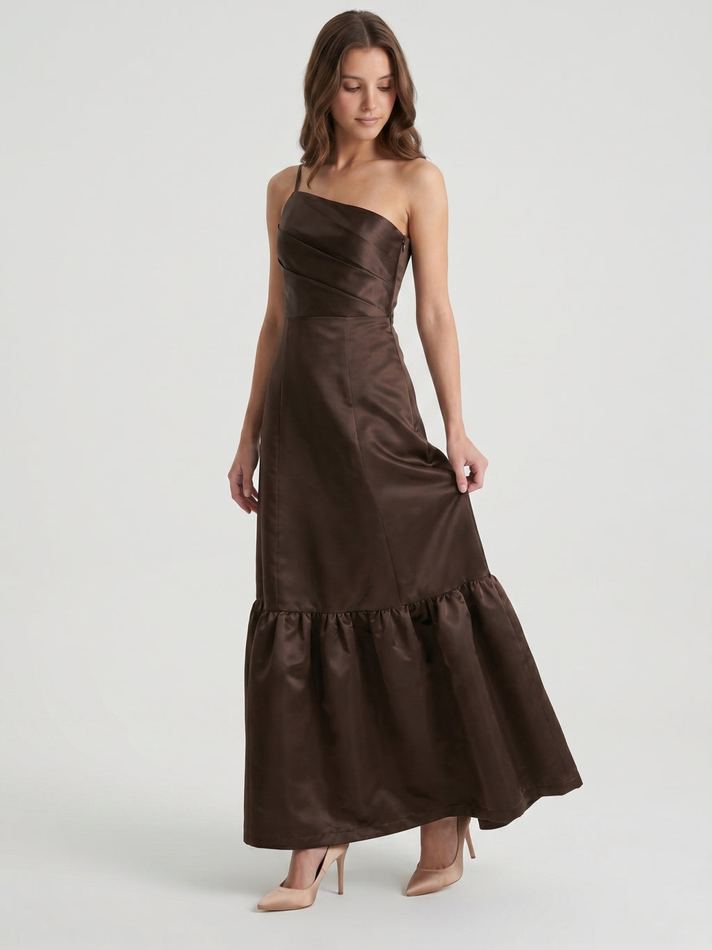 Espresso Satin A-Line One Shoulder Side Zip Floor-Length Bridesmaid Dress