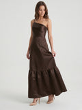 Espresso Satin A-Line One Shoulder Side Zip Floor-Length Bridesmaid Dress