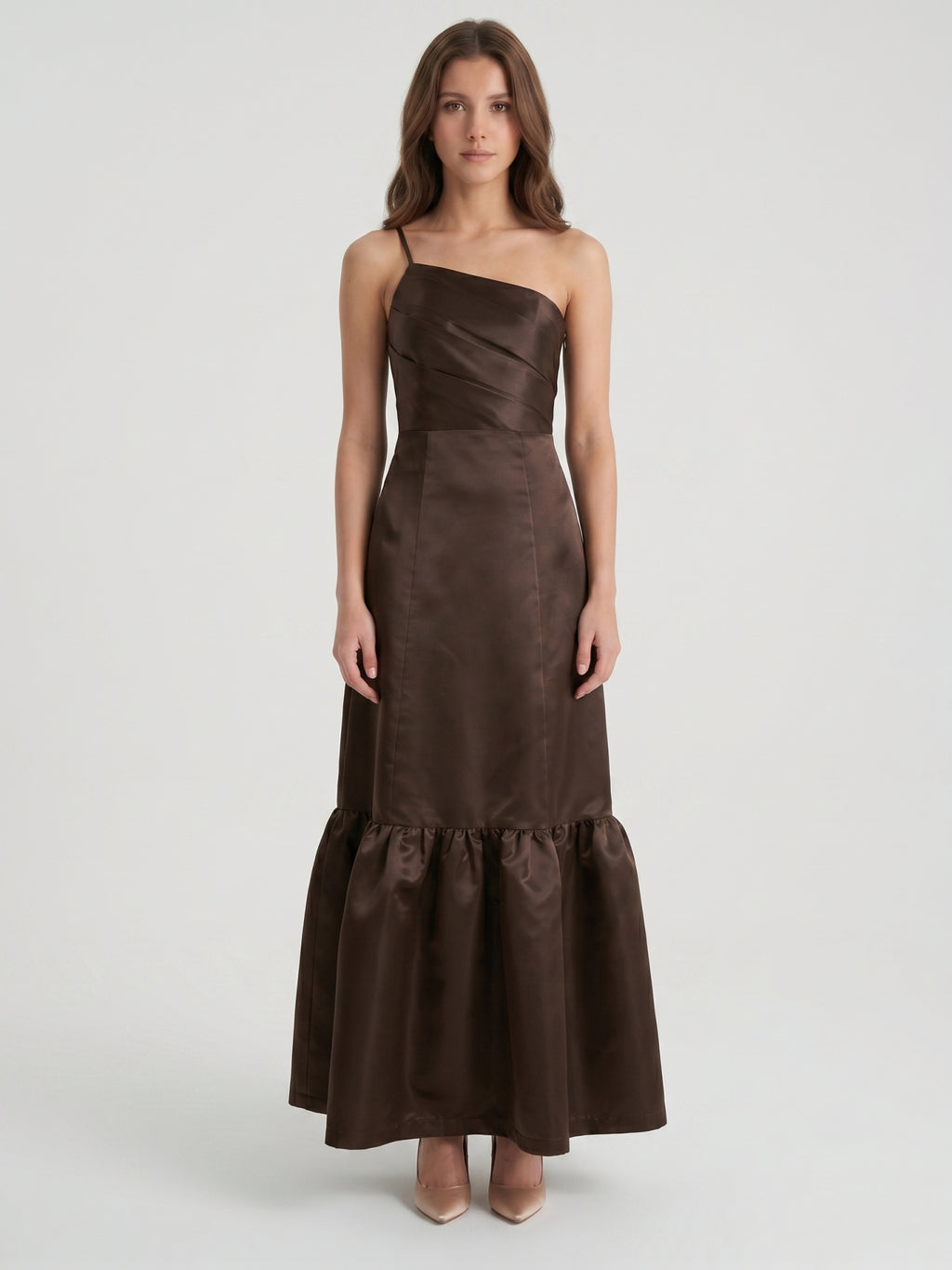 Espresso Satin A-Line One Shoulder Side Zip Floor-Length Bridesmaid Dress