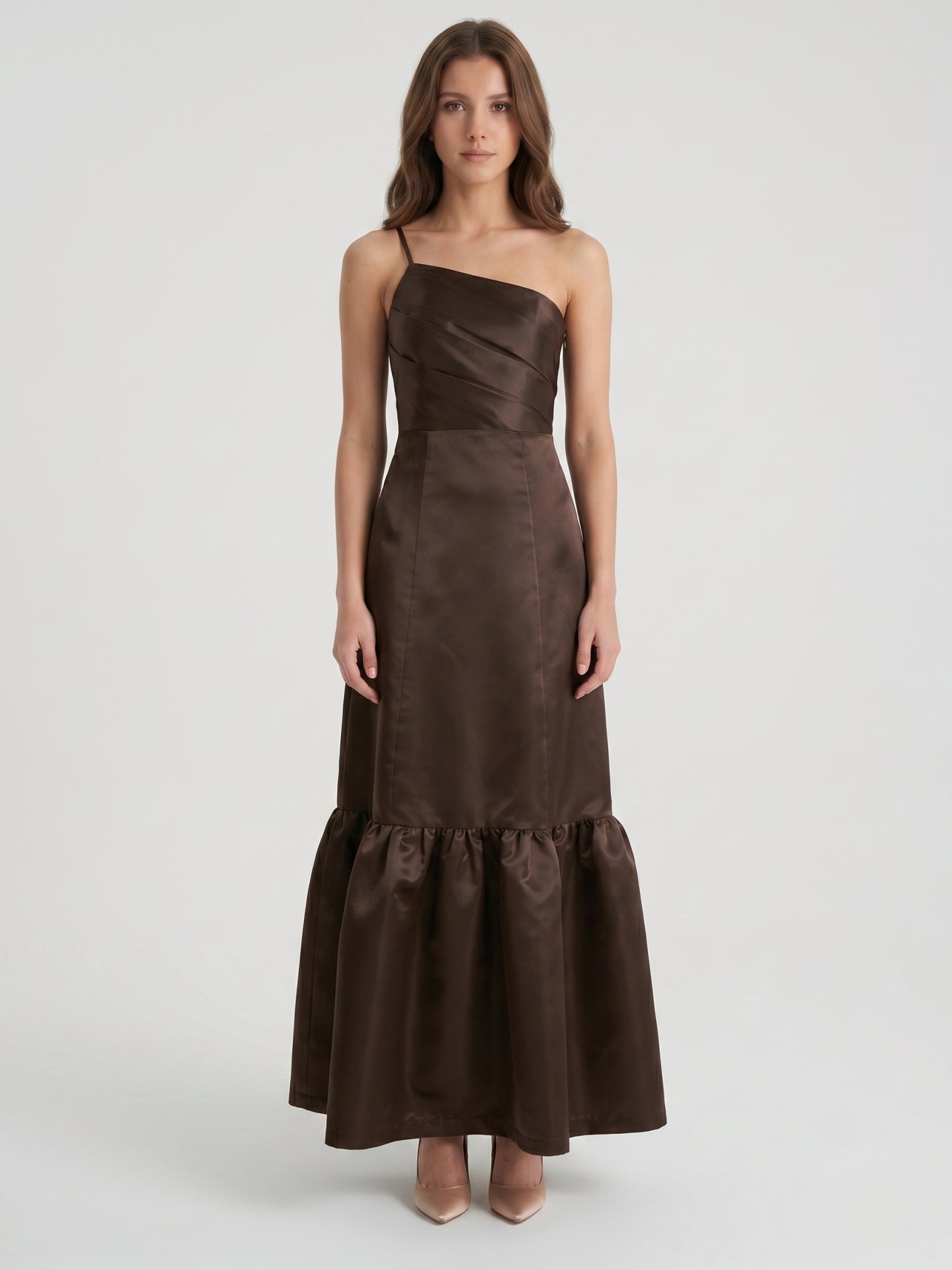 Espresso Satin A-Line One Shoulder Side Zip Floor-Length Bridesmaid Dress