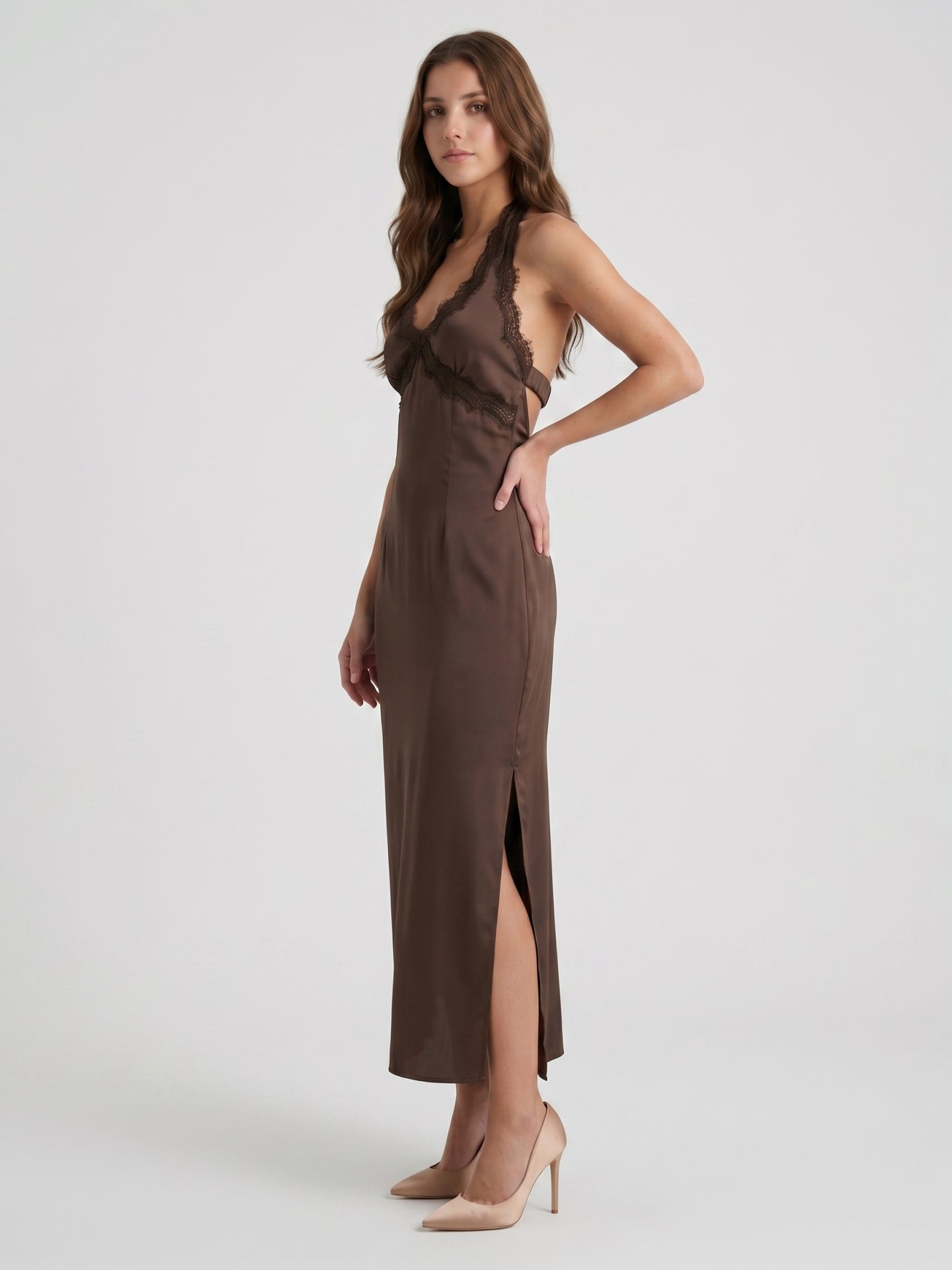 Espresso Satin Column Halter Backless Ankle-Length Bridesmaid Dress with Bow