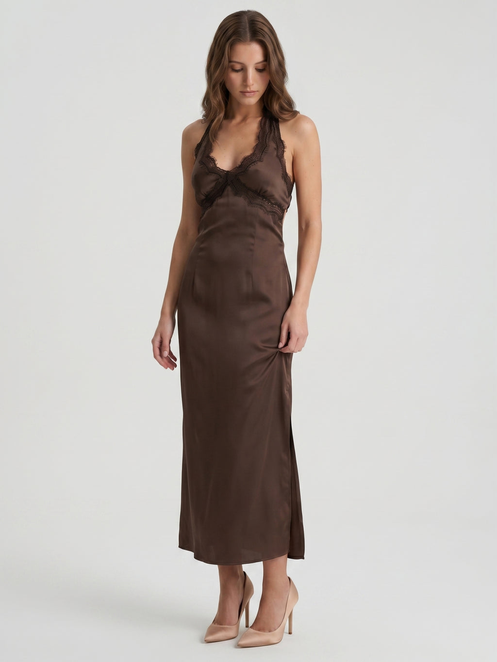Espresso Satin Column Halter Backless Ankle-Length Bridesmaid Dress with Bow