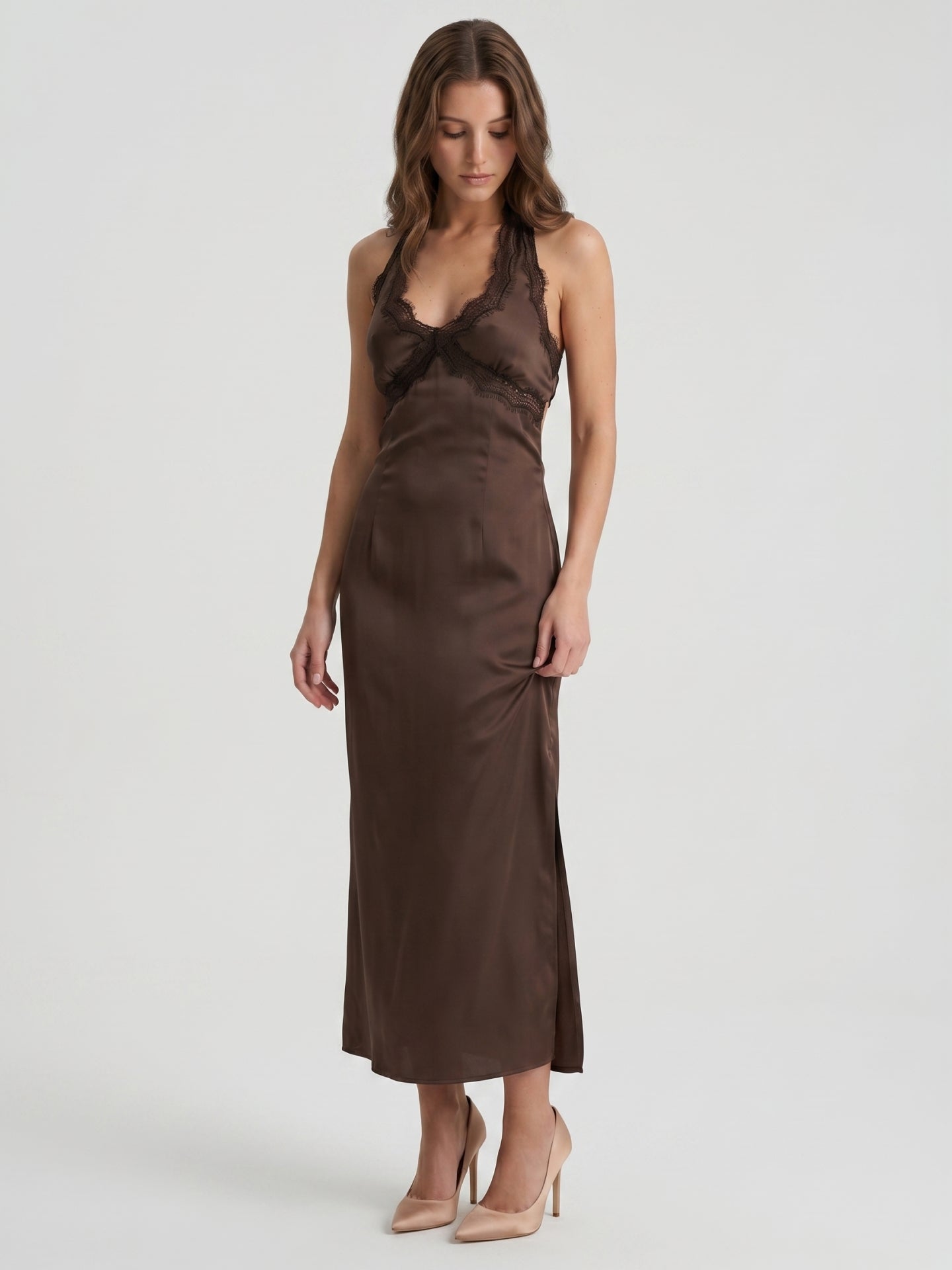 Espresso Satin Column Halter Backless Ankle-Length Bridesmaid Dress with Bow