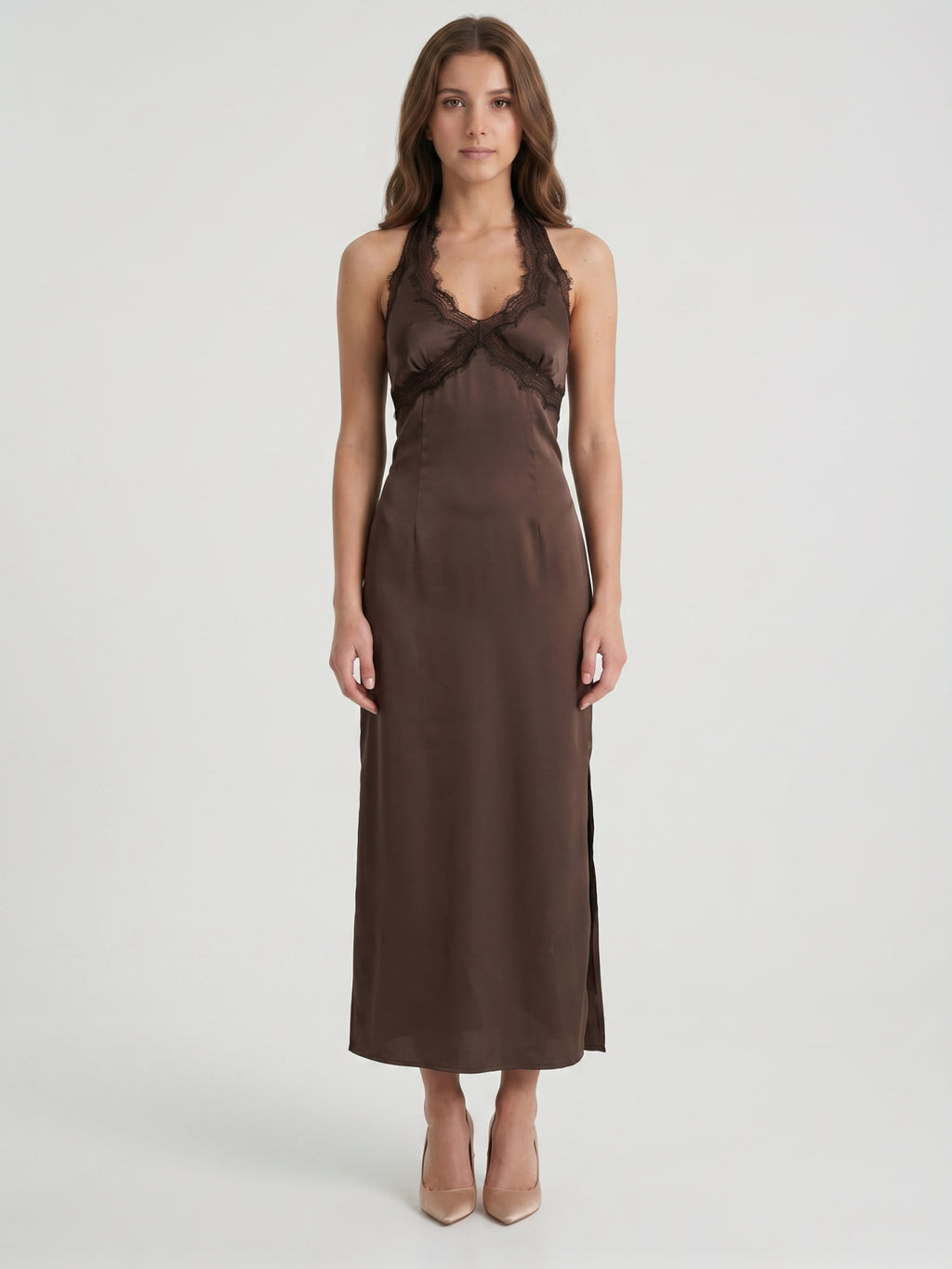 Espresso Satin Column Halter Backless Ankle-Length Bridesmaid Dress with Bow