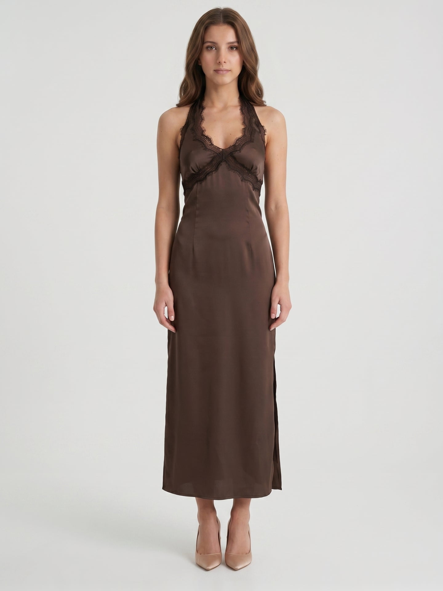 Espresso Satin Column Halter Backless Ankle-Length Bridesmaid Dress with Bow