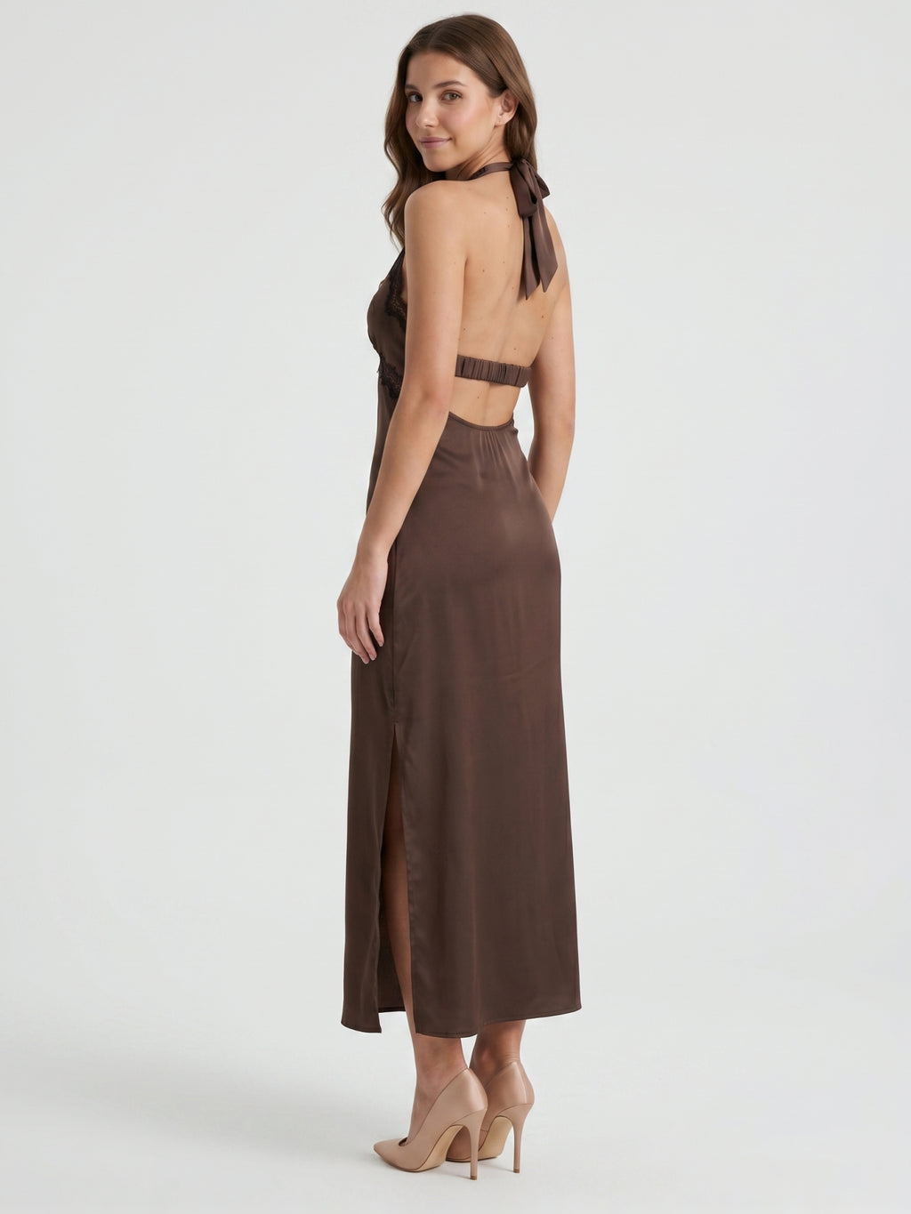 Espresso Satin Column Halter Backless Ankle-Length Bridesmaid Dress with Bow