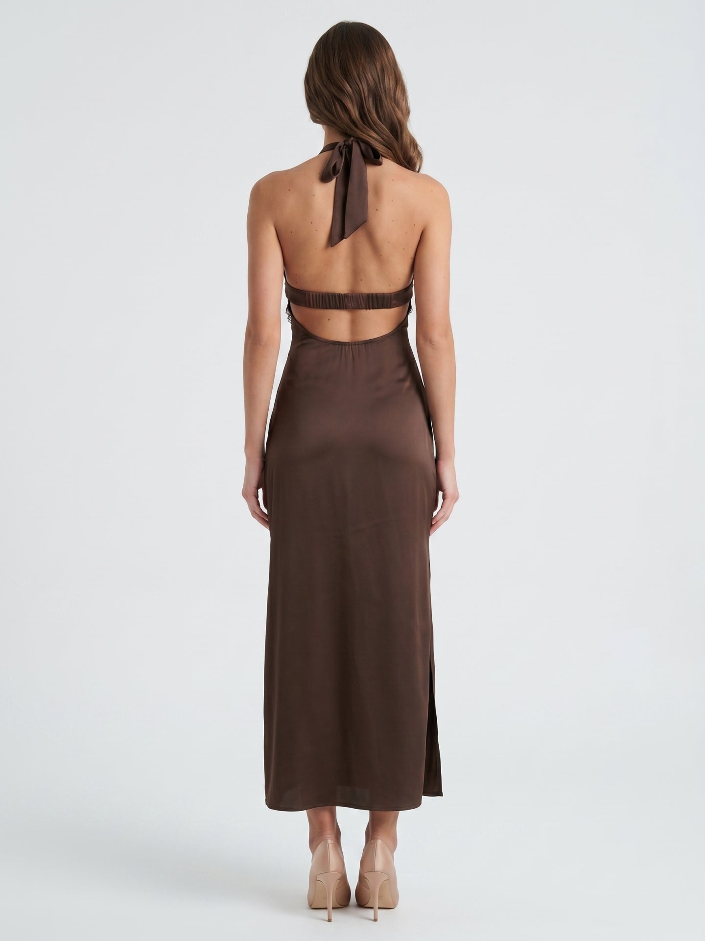 Espresso Satin Column Halter Backless Ankle-Length Bridesmaid Dress with Bow