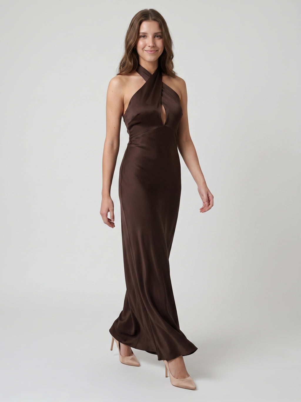 Espresso Satin Column Halter Backless Floor-Length Bridesmaid Dress
