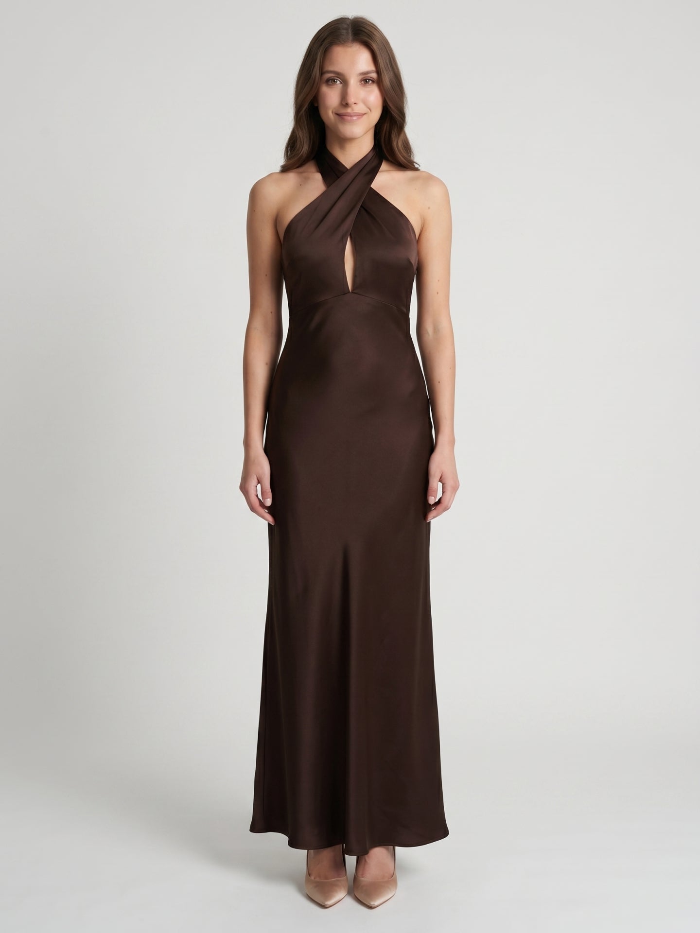 Espresso Satin Column Halter Backless Floor-Length Bridesmaid Dress