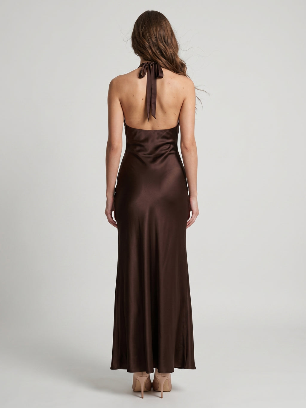 Espresso Satin Column Halter Backless Floor-Length Bridesmaid Dress