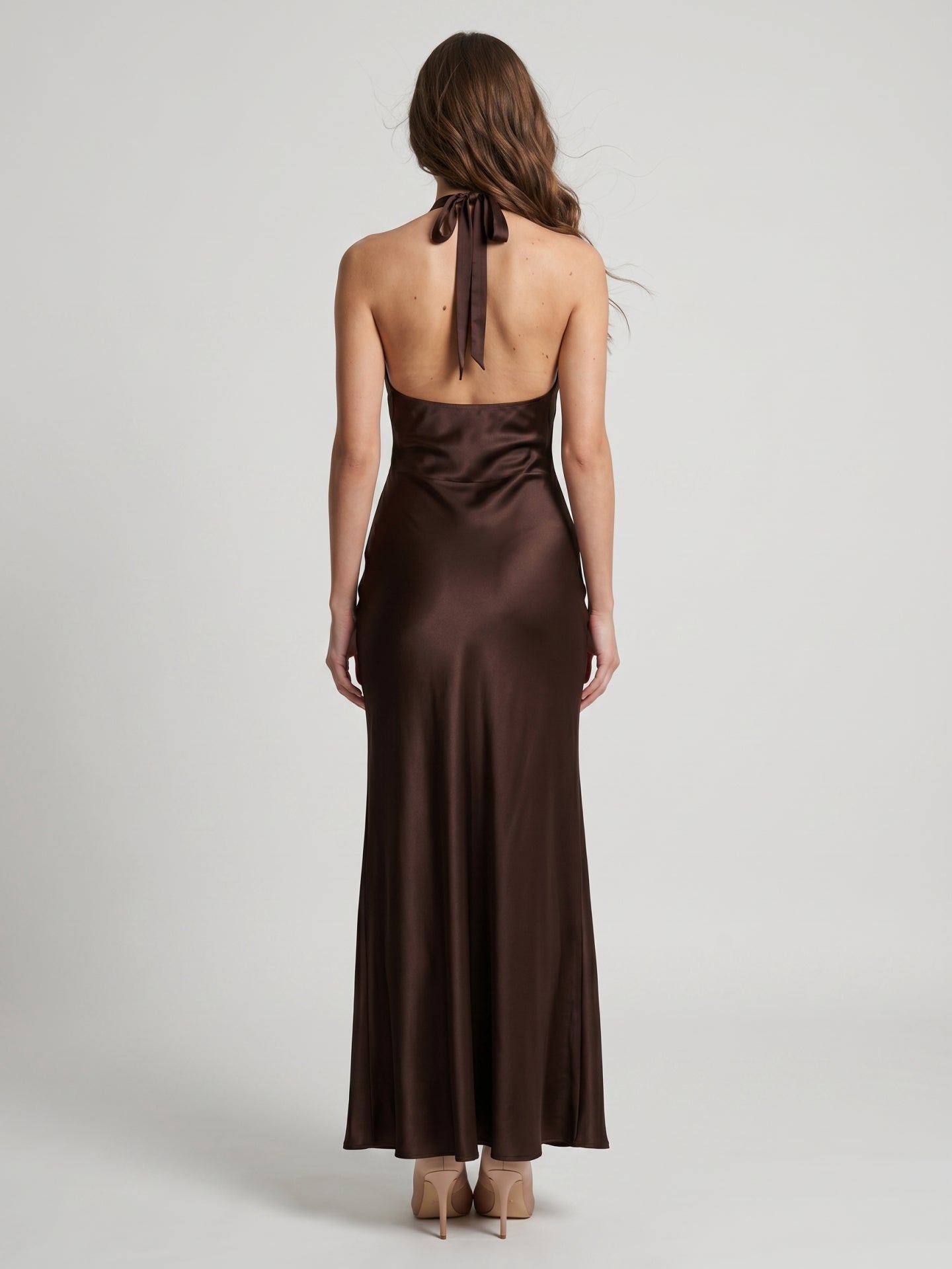 Espresso Satin Column Halter Backless Floor-Length Bridesmaid Dress