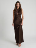Espresso Satin Column Halter Backless Floor-Length Bridesmaid Dress