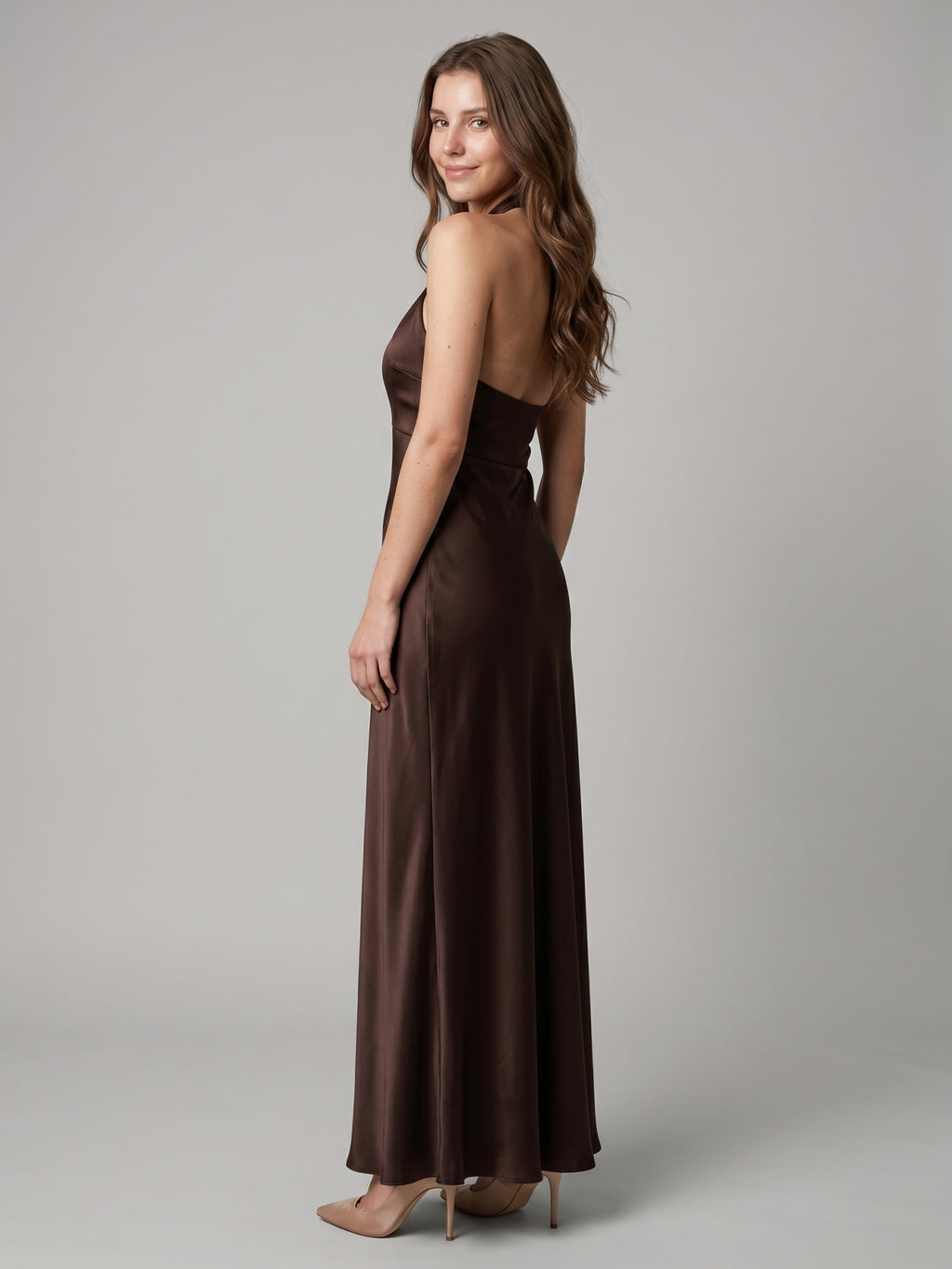 Espresso Satin Column Halter Backless Floor-Length Bridesmaid Dress