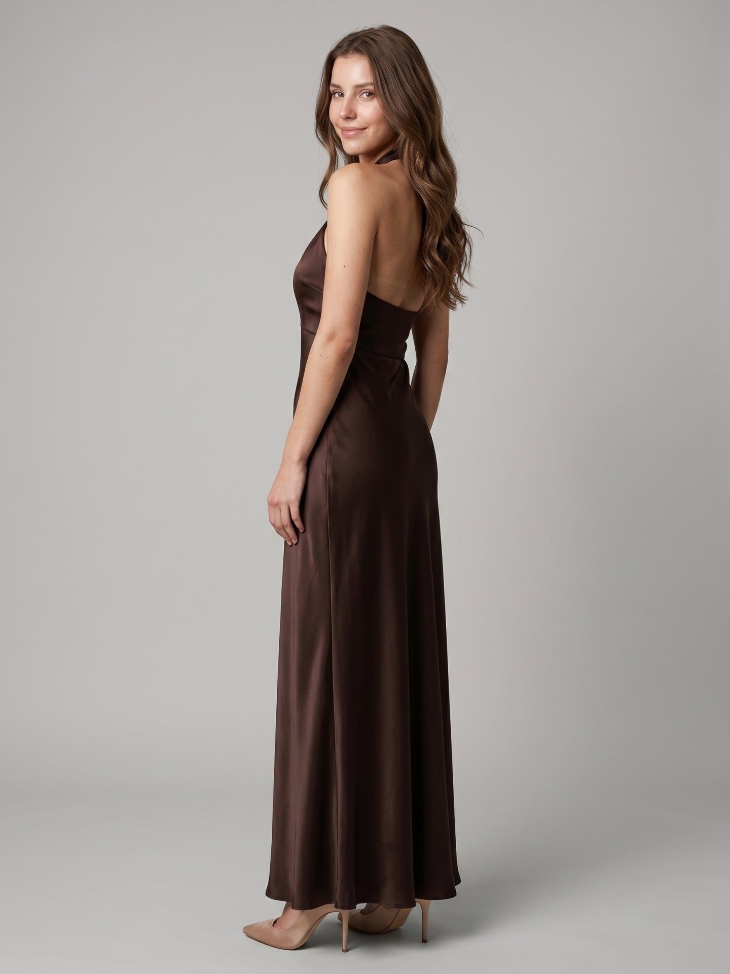 Espresso Satin Column Halter Backless Floor-Length Bridesmaid Dress