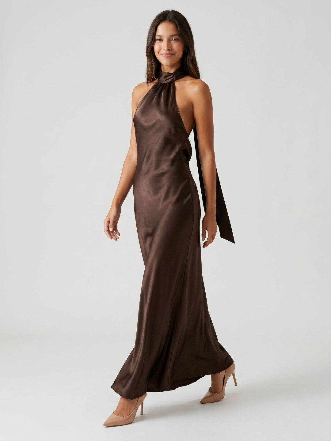 Espresso Satin Column Halter Neckline Backless Floor-Length Formal Dress with Bow