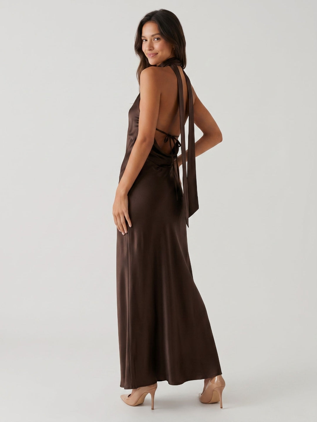 Espresso Satin Column Halter Neckline Backless Floor-Length Formal Dress with Bow