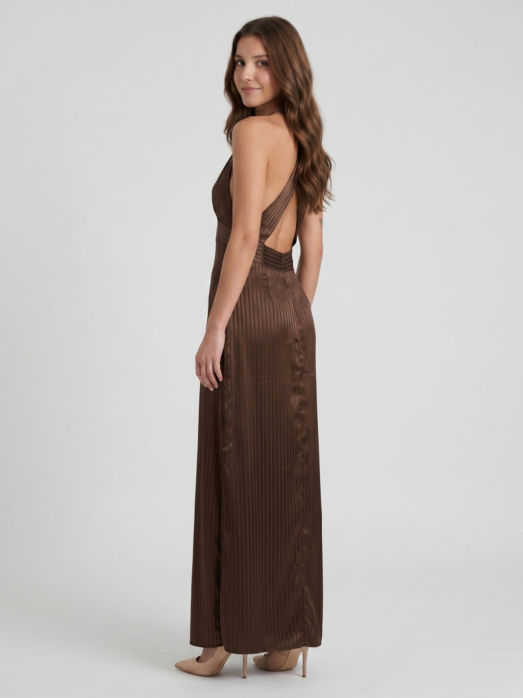 Espresso Satin Column V-Neck Keyhole Back Floor-Length Bridesmaid Dress