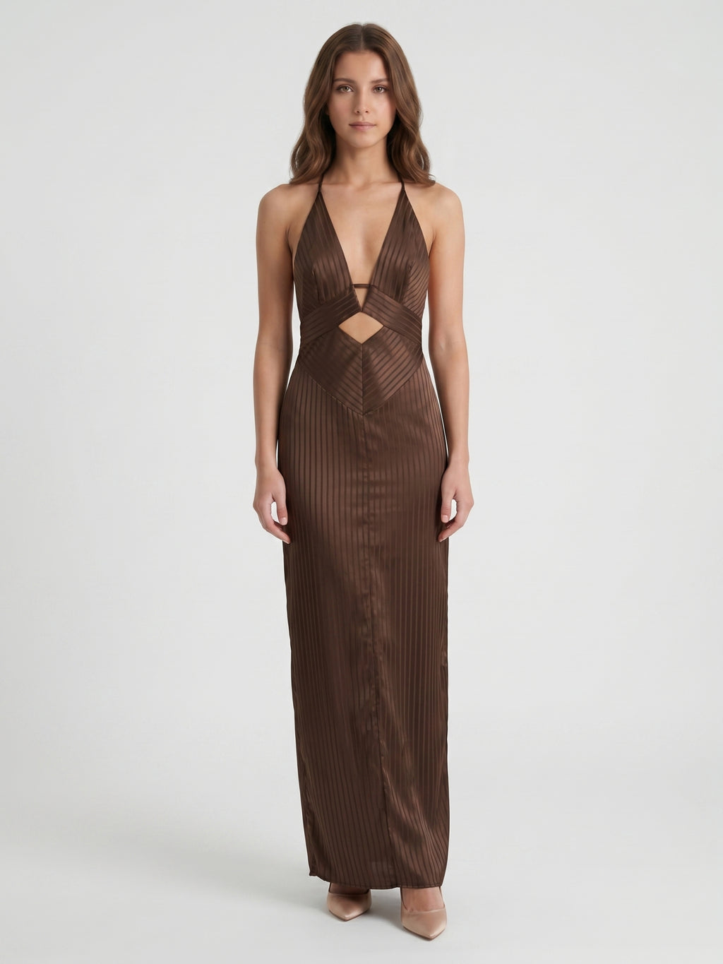 Espresso Satin Column V-Neck Keyhole Back Floor-Length Bridesmaid Dress