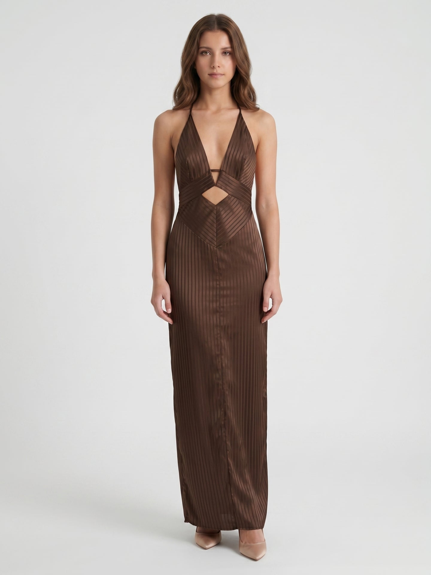 Espresso Satin Column V-Neck Keyhole Back Floor-Length Bridesmaid Dress