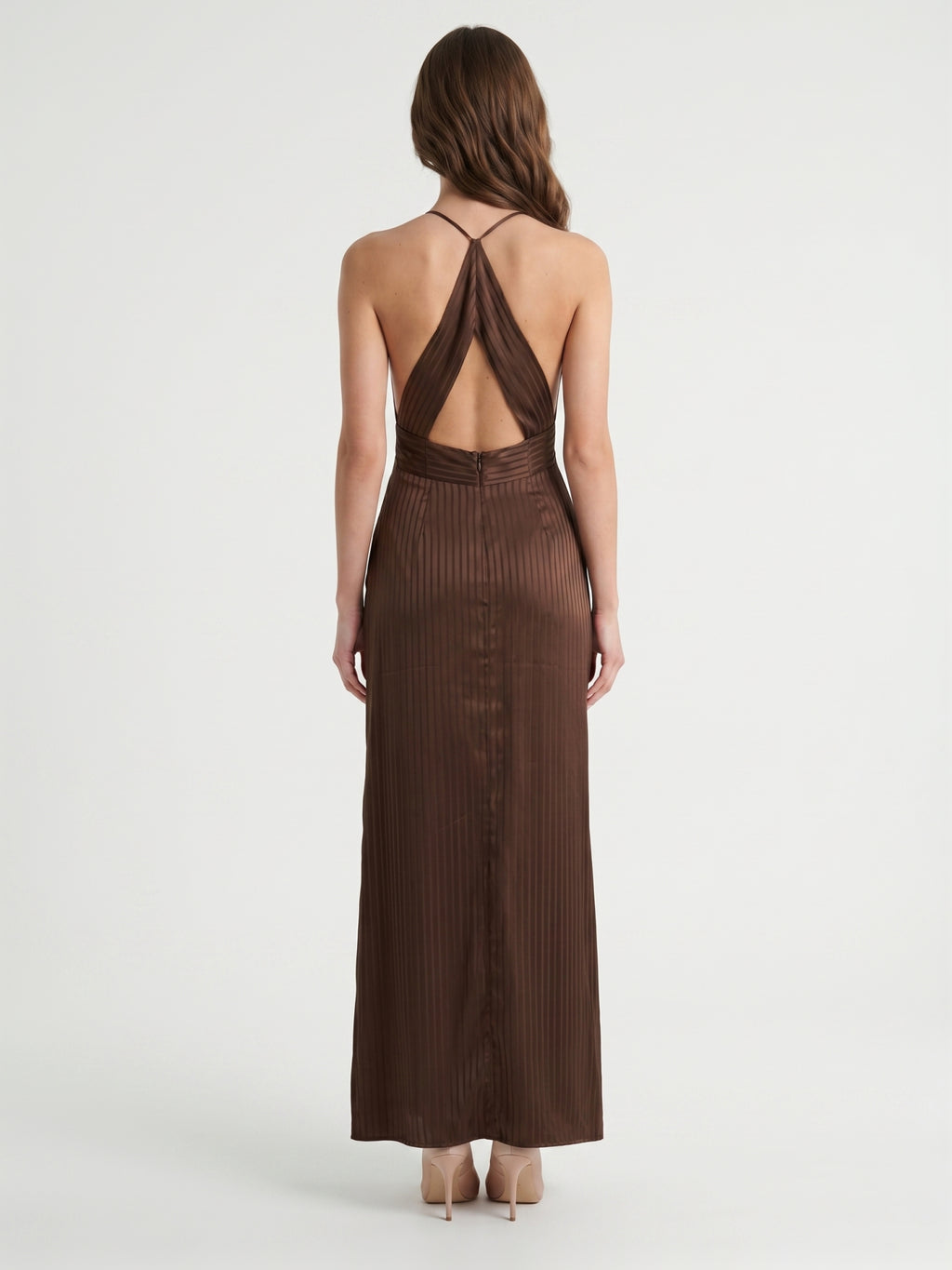 Espresso Satin Column V-Neck Keyhole Back Floor-Length Bridesmaid Dress