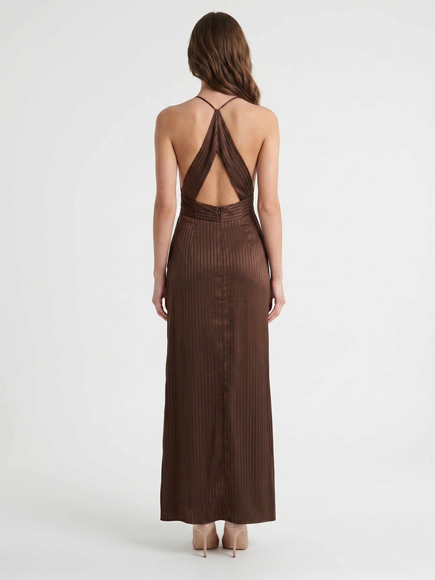 Espresso Satin Column V-Neck Keyhole Back Floor-Length Bridesmaid Dress