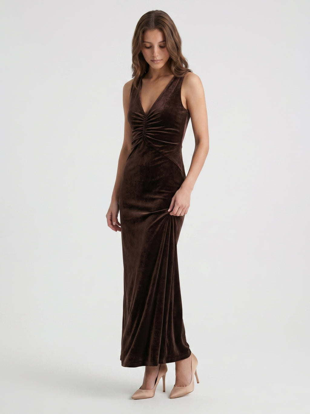 Espresso Satin Sheath Cowl Neck Back Zip Floor-Length Bridesmaid Dress