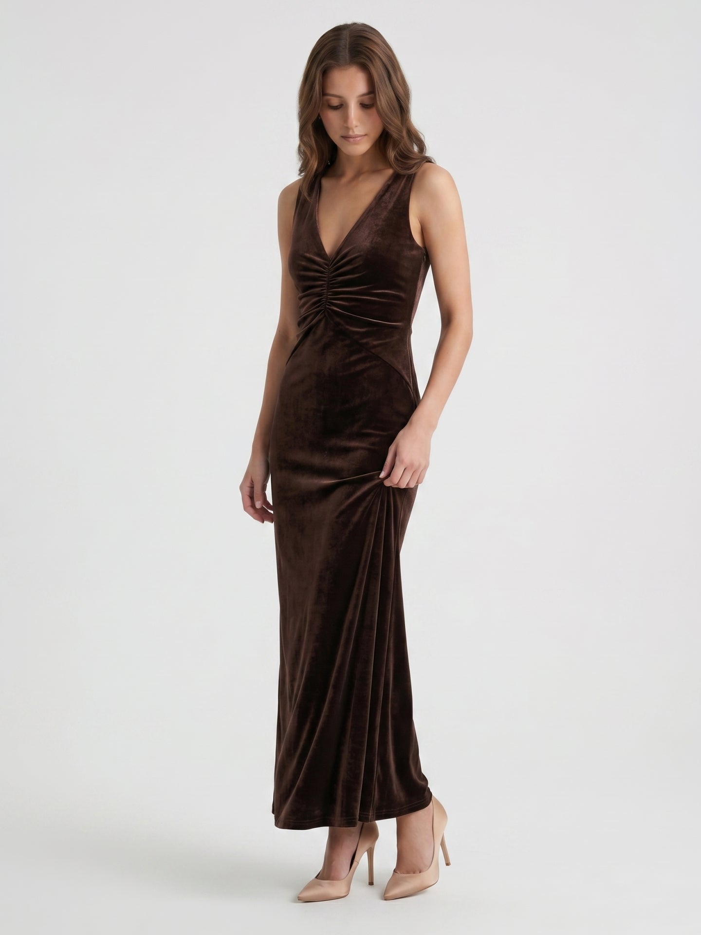 Espresso Satin Sheath Cowl Neck Back Zip Floor-Length Bridesmaid Dress