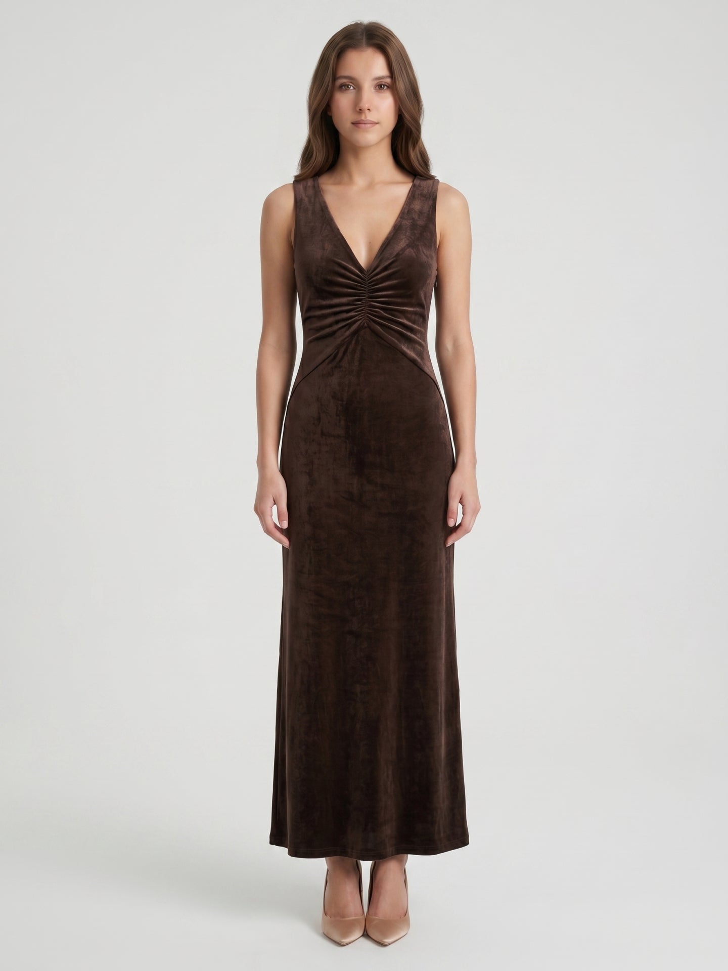 Espresso Satin Sheath Cowl Neck Back Zip Floor-Length Bridesmaid Dress