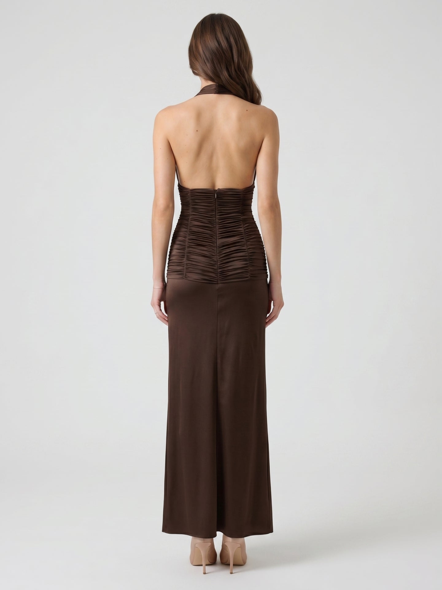 Espresso Satin Sheath Halter Backless Floor-Length Pleated Bridesmaid Dress