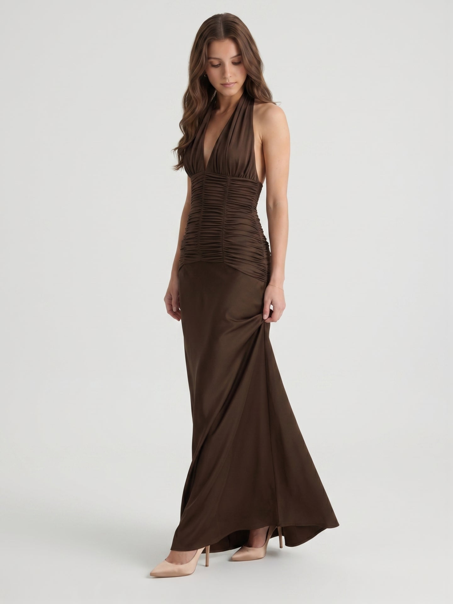 Espresso Satin Sheath Halter Backless Floor-Length Pleated Bridesmaid Dress