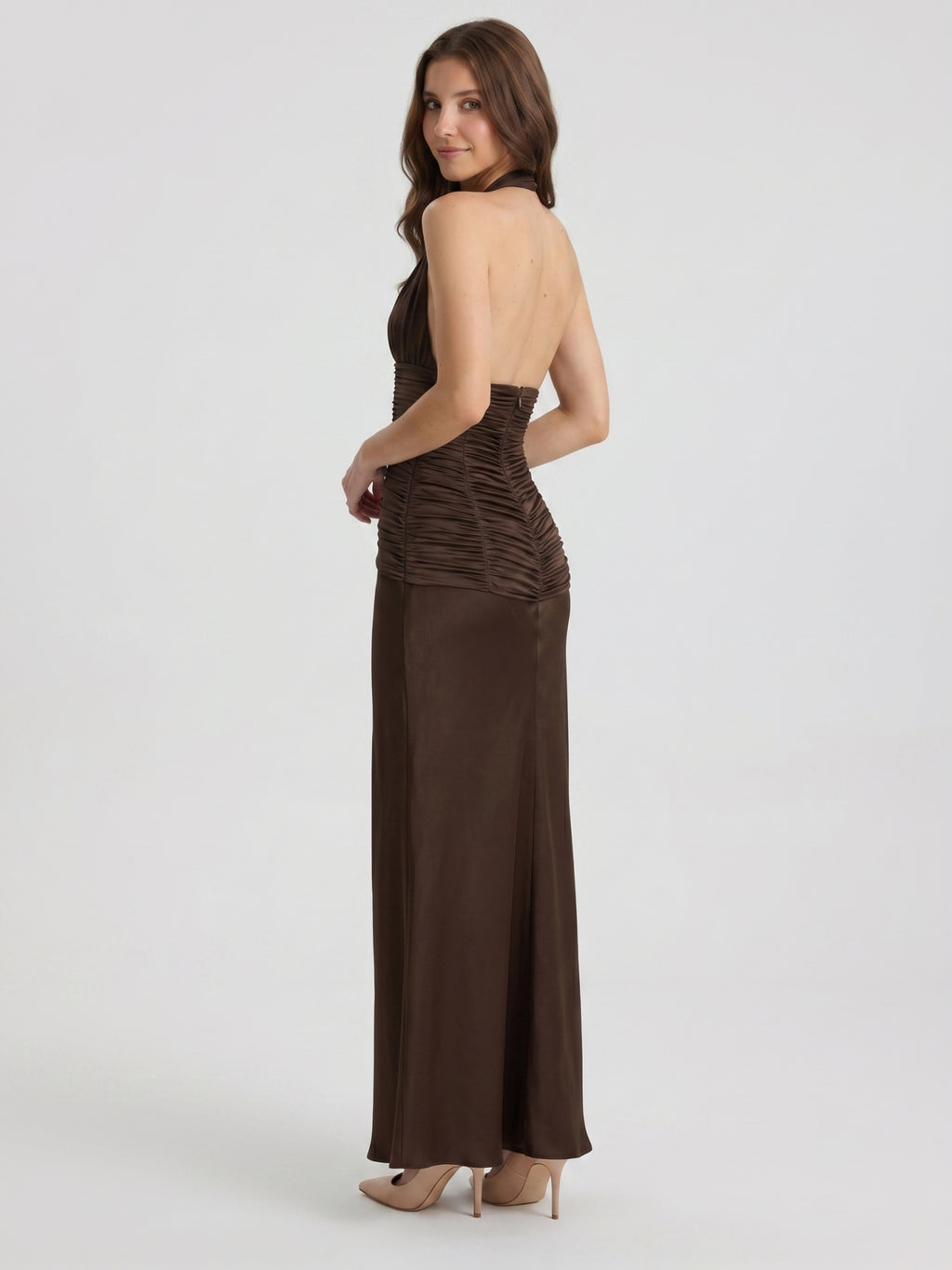Espresso Satin Sheath Halter Backless Floor-Length Pleated Bridesmaid Dress