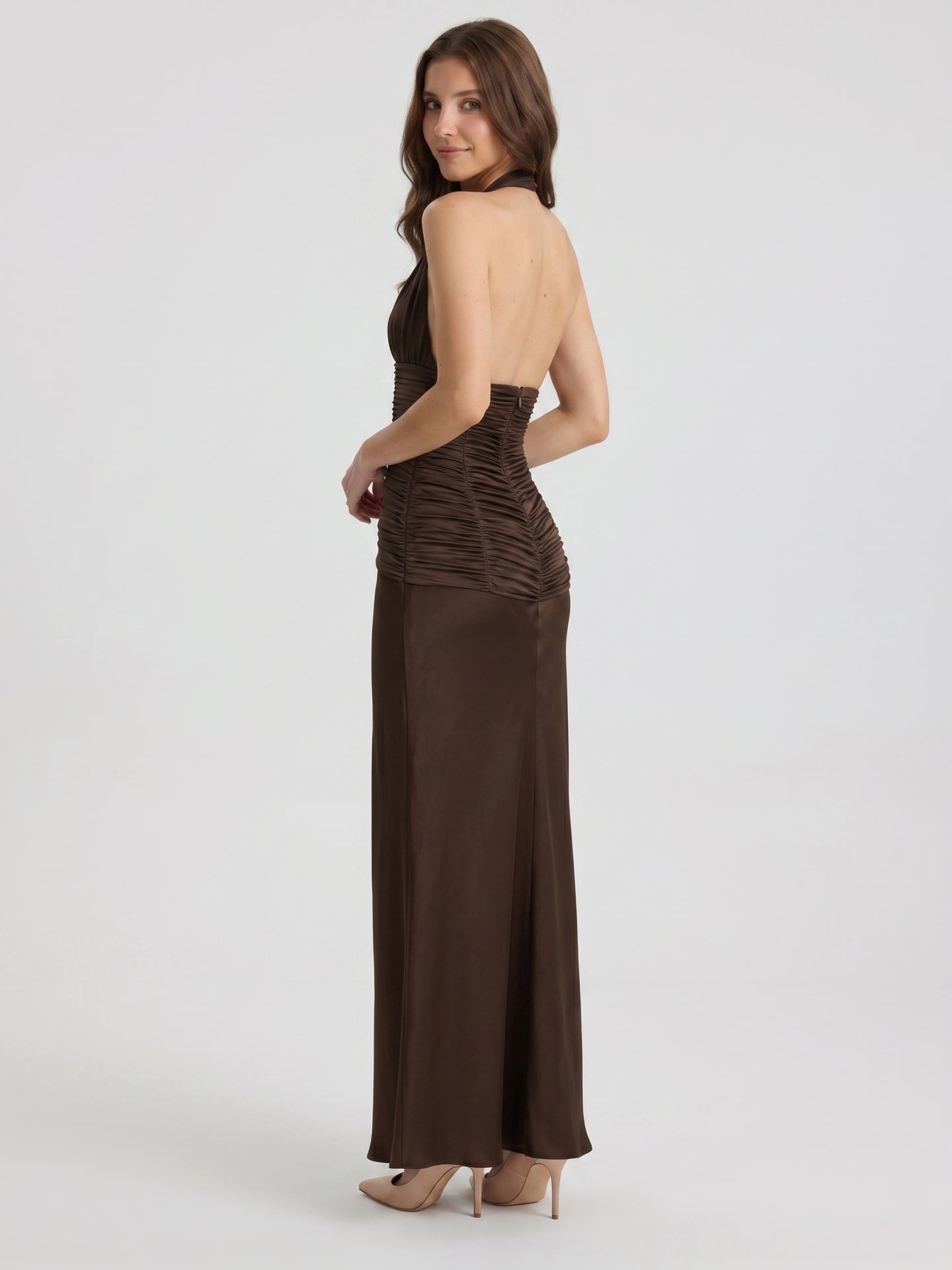 Espresso Satin Sheath Halter Backless Floor-Length Pleated Bridesmaid Dress