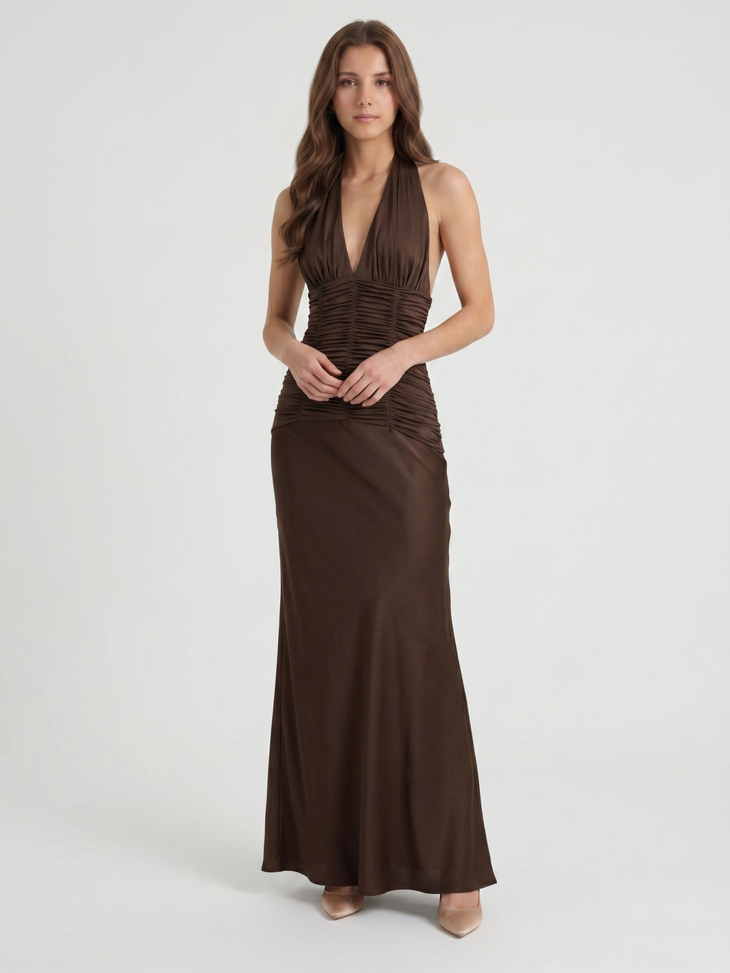 Espresso Satin Sheath Halter Backless Floor-Length Pleated Bridesmaid Dress