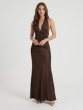Espresso Satin Sheath Halter Backless Floor-Length Pleated Bridesmaid Dress
