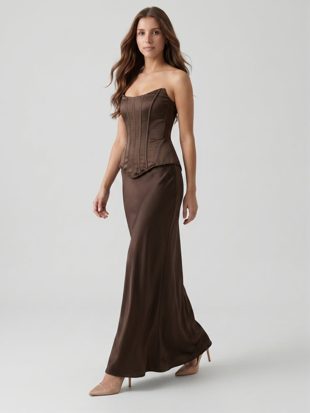 Espresso Satin Sheath Straight Neck Corset Back Floor-Length Bridesmaid Dress