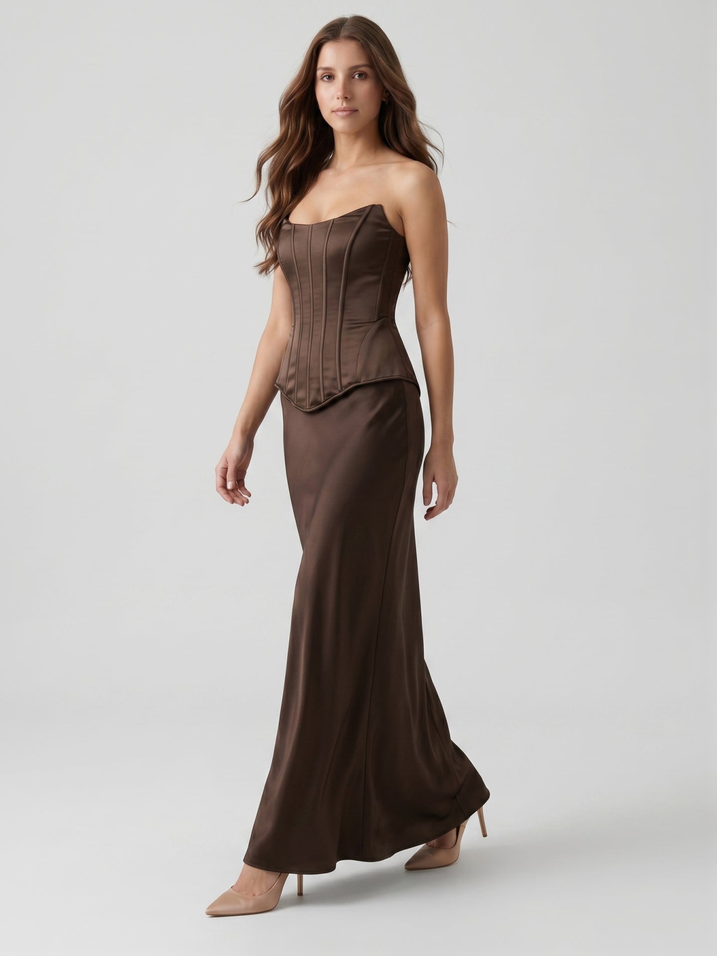 Espresso Satin Sheath Straight Neck Corset Back Floor-Length Bridesmaid Dress