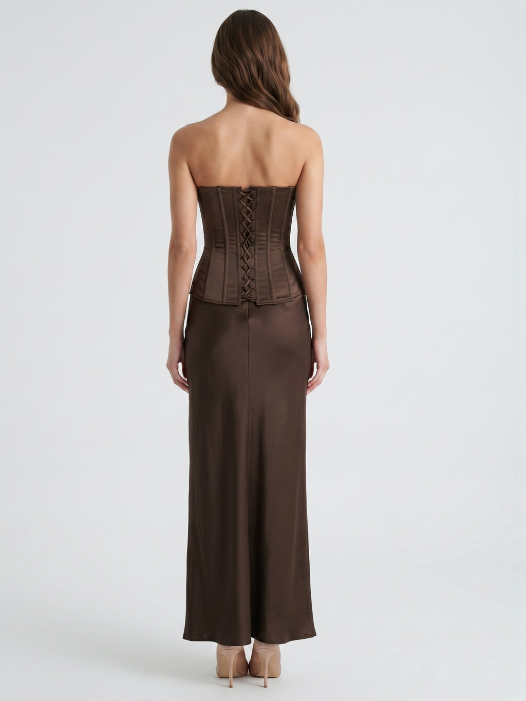 Espresso Satin Sheath Straight Neck Corset Back Floor-Length Bridesmaid Dress