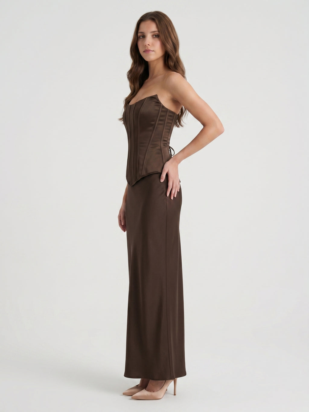 Espresso Satin Sheath Straight Neck Corset Back Floor-Length Bridesmaid Dress