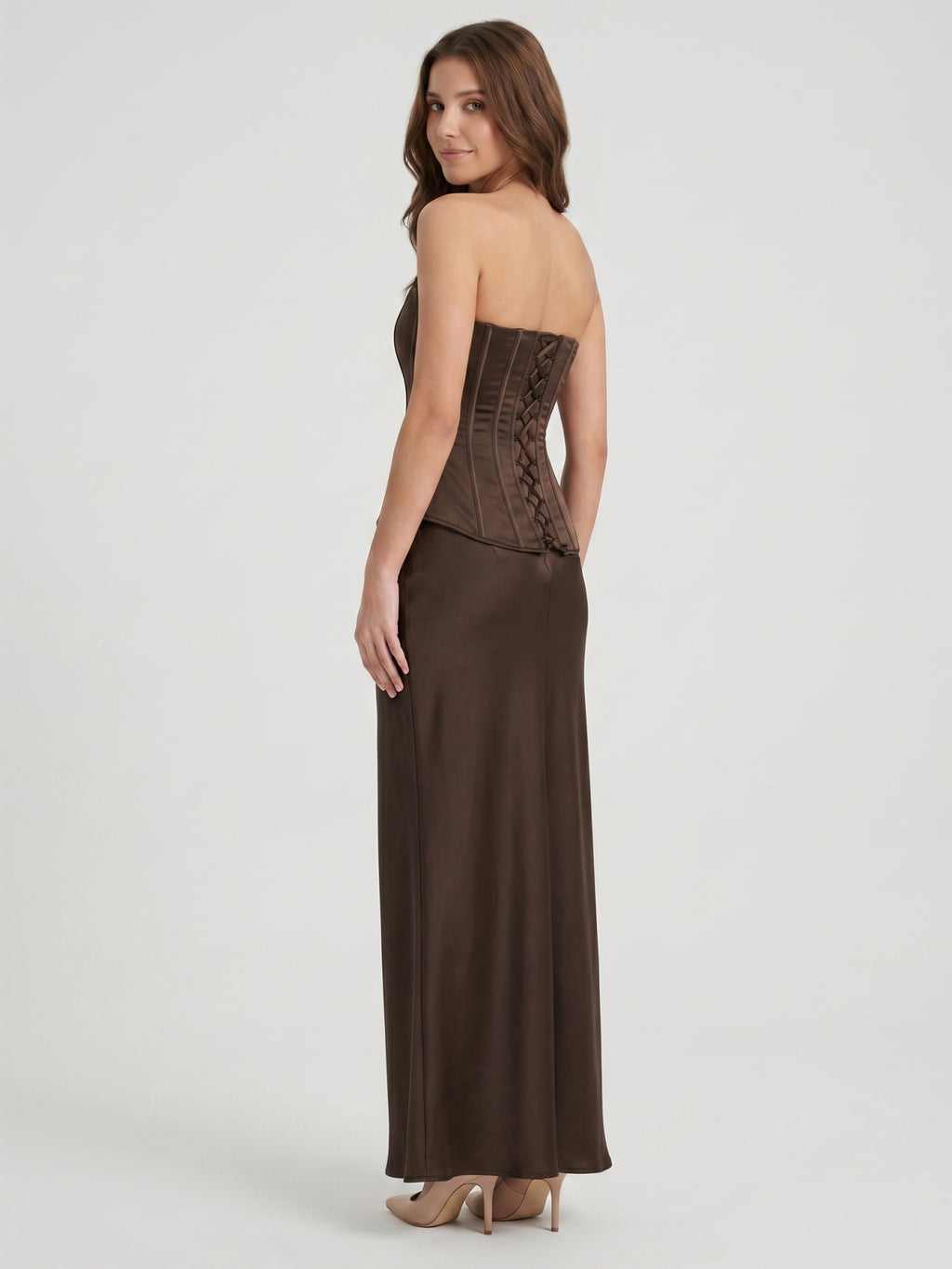 Espresso Satin Sheath Straight Neck Corset Back Floor-Length Bridesmaid Dress